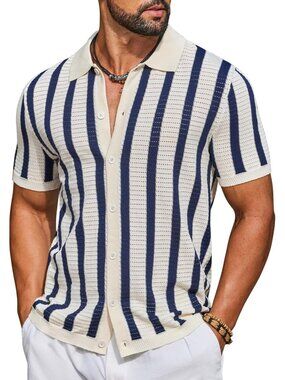 Men's Navy Blue Knit Striped Polo Short Sleeve Summer Beach Casual Shirt